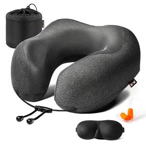 lot 40247 image: MLVOC Neck Pillow for Traveling, Upgraded 100% Pure Memory Foam Travel Neck Pillow for Airplane Flight Sleep, Breathable & Machine Washable Cover, Travel Kit with 3D Eye Mask, Earplugs & Bag, Black - Retail $24