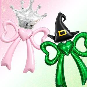 lot 40287 image: Lidmada 4 Pack Witch Party Decorations Party Balloons, Pink and Green Bow Crown Wizard Hat Foil Balloons for Witch Birthday Party Decorations Supplies- 30 Inch - Retail $8
