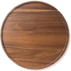 lot 40292 image: Round Wood Tray, Acacia Wooden Decorative Serving Tray for Coffee Table and Home Decor, Wooden Appetizer Charcuterie Board for Kitchen Countertop (13.8 inch) - Retail $22