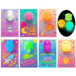 lot 49073 image: JOYIN 28 Pack Valentines Day Gift Cards with Cute Kawaii Mochi Squishy Toy to Squeeze, Glow in The Dark Stress Relief Fidget Toy for Kids, Classroom Exchange Prizes Valentine Party Favor Toys - Retail $24