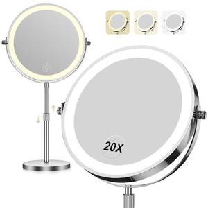 lot 49075 image: Makeup Mirror with Lights, 1x20x 360° Rotation Vanity Mirror, Brightness Adjustable Lighted Makeup Mirror with Magnification, 5000 mAh Rechargeable Double Sided Mirror with 3 Colors, Gift for Women - Retail $40