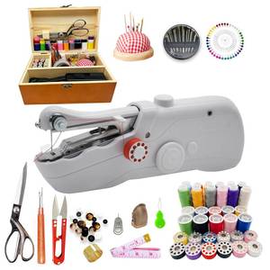 lot 49090 image: Handheld Sewing Machine with Exquisite Wooden Storage Box & 142-Piece Sewing Kit - Electric Switch, Dual Power Supply, Assorted Needles, Threads, Heavy Duty Scissors - Meets All Household Sewing Needs