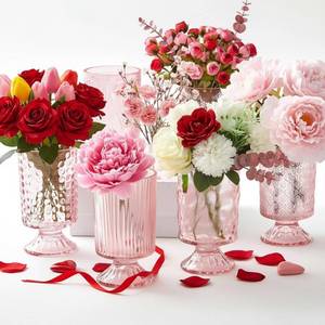 lot 49097 image: Ninehaoou 6 Pcs (H7 W4) Embossed Flower Vase Pedestal Glass Vase Big Base Thickened Crystal Vintage Vases for Valentines Day Wedding Home Decor Table Centerpiece House Warming Gifts(Pink)