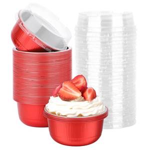 lot 49110 image: Beasea Disposable Baking Cups With Lids, 50 Pack 6.1oz 180ml Aluminum Foil Ramekins Round Baking Mini Cupcake Oven Cups for Party - Red - Retail $21