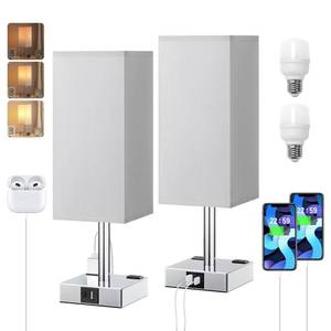 lot 49115 image: Touch Bedside Table Lamp Set of 2-3-Way Dimmable Night Lamp with USB A  Type C Charging Ports and Two AC Outlets, Small Desk Light with E26 LED Bulb for Bedroom Living Room Dorm Office - Retail $50