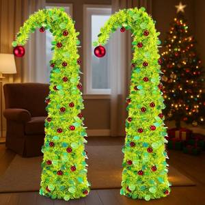 lot 49121 image: Thyle 2 Pcs 5ft Bendable Pop up Christmas Tree Collapsible Lime Green Whimsical Christmas Tree with 1 Red Ball Top 48 Small Red Ball Ornaments for Indoor Outdoor Home Xmas Holiday Party Decor - Retail $60