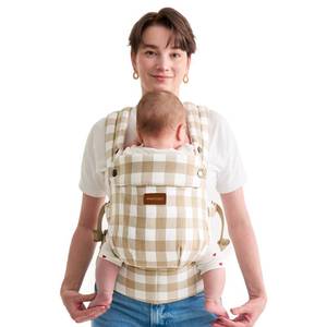 lot 49127 image: Momcozy Baby Carrier with Natural Cotton Linen, Built to Last, Ergonomic Design, Lightweight and Comfortable, Hands-Free for Moms&Dads, Brown Checkerboard - Retail $90