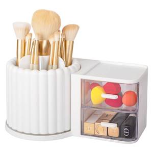 lot 49141 image: Anyoifax 360 Rotating Makeup Brush Holder 7 Slots Makeup Organizer with Drawer Removable Spinning Cosmetic Storage Pen Holder for Vanity, Dresser, Desk, White - Retail $17