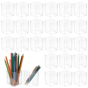 lot 49146 image: 24 Pack Clear Acrylic Pen Holders Multipurpose Desktop Organizer for Pencils, Makeup Brushes, Stationery & Office Supplies (2.6 x 2.6 x 3.6) - Retail $25
