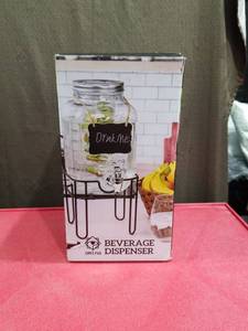 lot 3884 image: Glass Beverage Dispenser with Stand and Chalkboard Tag