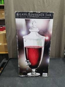 lot 3921 image: 2 Gallon Glass Beverage Dispenser with Etched Pattern