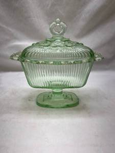 Green Depression Glass Covered Butter Dish