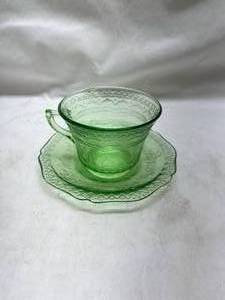 Depression Glass Green Teacup and Dessert Plate