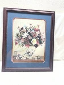 lot 185 image: Framed Floral Art Print with Blue Matting