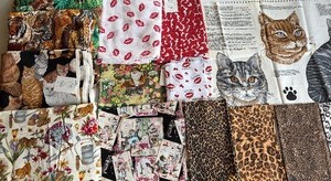 lot 215 image: Fabric - Large Cat and Kiss Pieces (some are VERY large), and Cat Fabric Appliques