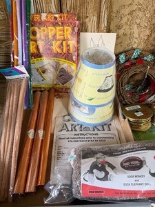 lot 259 image: Misc Crafts, Copper Art, Sock MonkeyElephant Kit, Lamp Shades and More