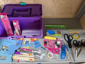 lot 171 image: Purple Tool Box w Fabric Weights, Scissors and Misc Sewing Tools