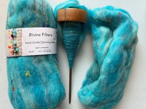 lot 184 image: Devine Fibers Spinning Batts, Wooden Drop Spindle