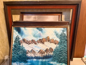 lot 395 image: Wood Frames w Homeowners Canvas Art, Largest is 25 x 29