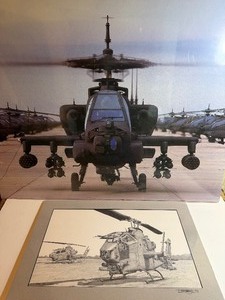 Helicopter Photo and Signed Drawing, Both Sealed in Plastic