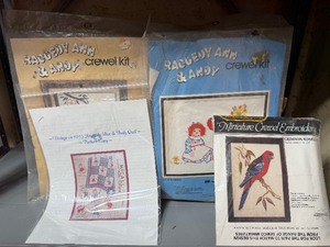lot 422 image: Crewel Kits, Embroidery Kit, Candlewicking BookThreadMaterial and More in a Basket