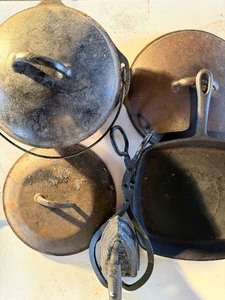 lot 756 image: Cast Iron Pot w Lid, Skillet, Sad Iron and More