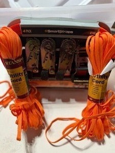 lot 766 image: Smart Start Tie Downs in Package, Nylon Utility Cord and Straps in Tote