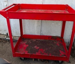 lot 786 image: Red Metal Cart on Wheels, Bottom Shelf is Rough But Sturdy