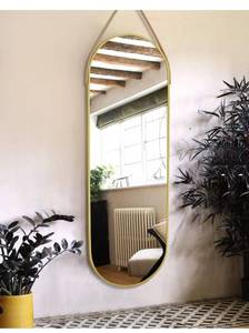 lot 5571 image: OGCAU 48 x 16 Full Length Mirror Wall-Mounted, Full Body Hanging Mirror for Wall and Door in Bedroom, Living Room, Oval with Straps, Hanging with Aluminum Alloy Frame (Oval Gold)