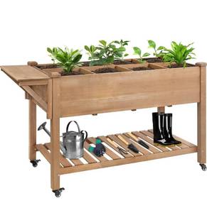lot 5575 image: Raised Garden Bed with Lockable Wheels Mobile Elevated Wood Planter,Storage Shelf, Protective Liner,55.5x24x32in