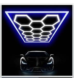 lot 5595 image: Large Hexagon Garage Lights 14 Hex LED Higher Brightness Lights with Blue Light Rectangle Frame Octagon Honeycomb Lighting for Garage Car Detailing Barber Shop Gym Warehouses.