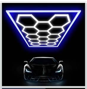 lot 5598 image: Large Hexagon Garage Lights 14 Hex LED Higher Brightness Lights with Blue Light Rectangle Frame Octagon Honeycomb Lighting for Garage Car Detailing Barber Shop Gym Warehouses.
