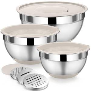 lot 5608 image: P&P CHEF Mixing Bowl with Lids Set of 3, Stainless Steel Nesting Salad Bowls for Serving Preparing, 3 Grater Attachments & Non-Slip Bottoms, Size 1.52.64.6 QT, Khaki