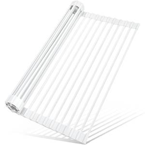 lot 5609 image: MERRYBOX Roll Up Dish Drying Rack Silicone Wrapped Over The Sink Dish Rack Foldable Dish Drainer Anti-Slip Dish Racks for Kitchen Counter, Multipurpose Kitchen Sink Drying Rack, 20.5 x 13, White