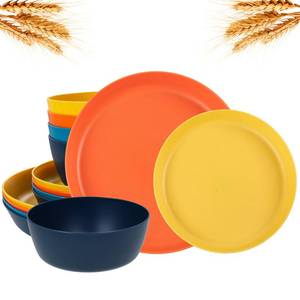 lot 5616 image: EI 12pcs Wheat Straw Plates,Plates and Bowls Sets,Unbreakable Plastic Plate,Wheat Straw Dinnerware Set-Orange,Yellow,Blue and Dark Blue,Dinner Plates Set of 4,Plastic Dishes Set