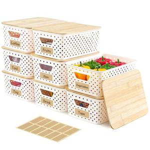 lot 5621 image: AntStep 8 Pack Plastic Storage Bins with Bamboo Lids - Stackable Storage Baskets with Handle for Pantry Organizer and Storage, Plastic Containers Bins Lidded Storage Bins for Classroom Office Shelves