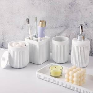 lot 5638 image: XLHOMO Resin White Bathroom Accessories Set 5 Pcs, Lotion Soap Dispenser, Toothbrush Holder, Bathroom Tumbler, Qtip Holder and Vanity Tray, Bathroom Countertop Organizer Set for Modern Home Apartment