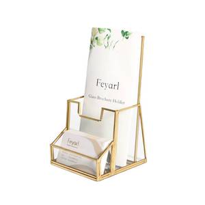 lot 5641 image: Feyarl Gold Glass Brochure Holder Pamphlets Cards Literature Holder Flyer for 4 Trifold Holder Glass Display Stand with Business Card Holder for Brochures Magazines Literatures Display Countertop