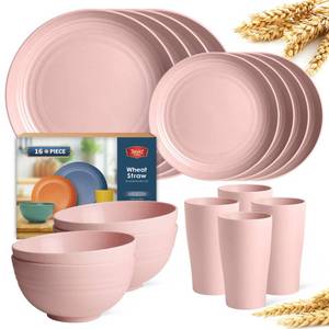 lot 5647 image: Teivio 16-Piece Kitchen Plastic Wheat Straw Dinnerware Set, Service for 4, Dinner Plates, Dessert Plate, Cereal Bowls, Cups, Unbreakable Plastic Outdoor Camping Dishes,Pink