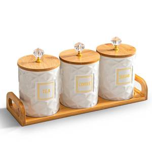 lot 5654 image: Sowlvenco Set of 3 Ceramic Canisters for Sugar Coffee Tea with Tray, White Airtight Food Storage Jars with Wood Lids, Kitchen Counter Storage Containers - 23oz