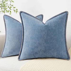 lot 5680 image: decorUhome Spring Chenille Soft Cozy Throw Pillow Covers 20x20 Set of 2, Modern Farmhouse Boho Velvet Decorative Pillow Cases with Stitched Edge for Couch Sofa Bed Home Decor, Blue