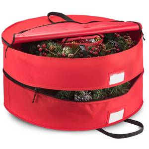 lot 5681 image: ZOBER Christmas Wreath Storage Container 24 Inch - Wreath Bag Fits 2 Wreaths Box - 600D Oxford Fabric - Interior Compartment for Storing Garlands, Wreaths Storage Bag W Strong Durable Handles - Red