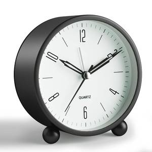 lot 5692 image: Analog Alarm Clock, 4 inch Super Silent Non Ticking Small Clock with Night Light, Battery Operated, Simple Design, Old Fashioned Style Black Decor, for Bedroom, Bedside, Desk, Adult, Kid, Gift, Black