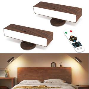 lot 5701 image: Battery Operated Wall Sconces Set of 2 Wireless Rechargeable Wall Light with Remote&ampButton, 360° Rotate Magnetic Scone Lighting LED Wall Mount Sconce Lamp for Bedroom Bedside Reading, Wood