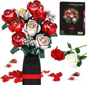 lot 5706 image: Valentines Day Gift Roses Flower Bouquet Building Kit, 841PCS Red Artificial Flowers with Vase, Botanical Collection Forever Rose DIY Gift Set, Romantic Gift for Her, Him, Couples, Anniversaries