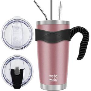 lot 5719 image: WETOWETO 20oz Insulated Stainless Steel Tumbler with Handle, Coffee Mug with 2 lids and 2 straws, Double Wall Vacuum Travel Coffee Mug, Powder Coated Tumbler Cup (Rose Gold,1)