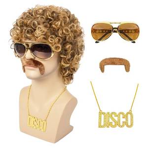 lot 5728 image: TUOFLY Disco Wig 5Pcs Set (Wig Glasses Necklace Mustache Wig Cap) 70S Costumes Wig Afro Wig Men Short Curly Natural Fluffy Synthetic hair Wig for Halloween Disco Party