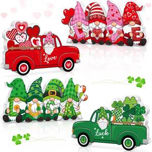 lot 5731 image: DoubleFill 2 Pcs Valentine and St. Patricks Day Decorations Double Sided Love Lucky Wood Table Sign Valentines Gnome Block Sign Irish Truck Decor for Home Kitchen Holiday Table Tiered Tray Decoration