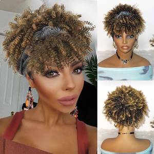 lot 5739 image: DEYNGS Afro Headband Wig Blonde Kinky Curly Headband Wig with Bangs Head-Wrap Wigs 2 in 1 Ombre Afro Puff With Bangs for Women Synthetic Half Wigs