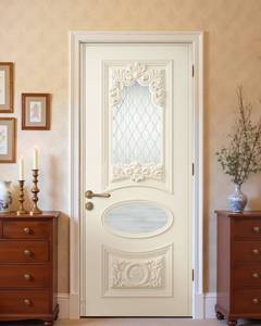 lot 5743 image: FLFK Decorative Door Mural Sticker, Victorian Style with Glass Panels, Self-Adhesive Peel and Stick, 32 x 80 inches, Cream White, Split into 2 Pieces